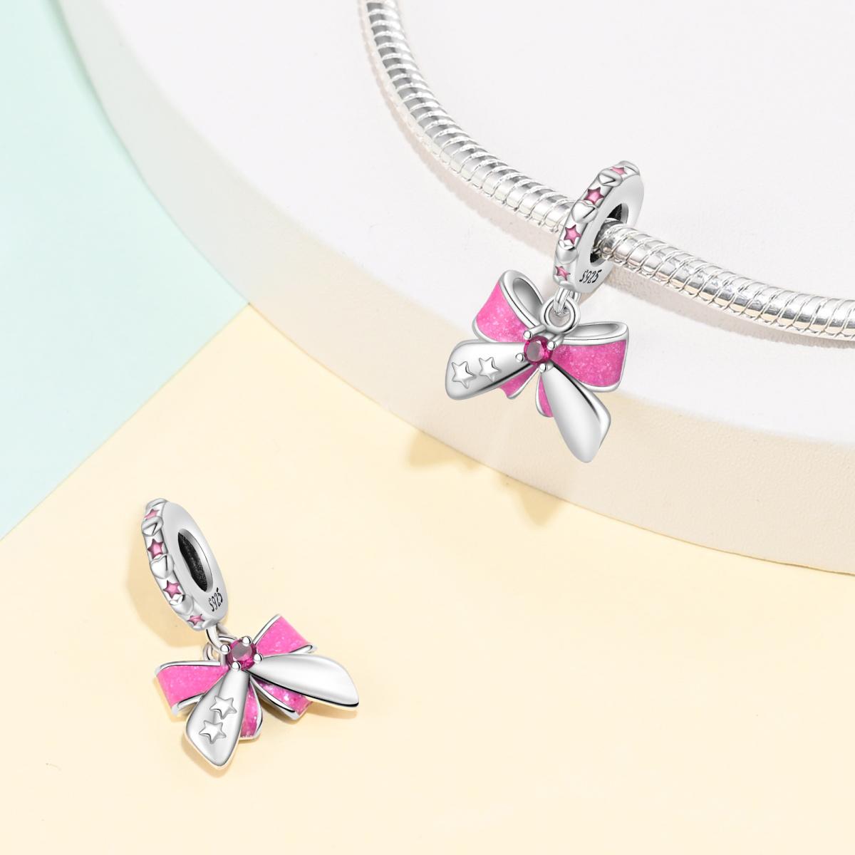 새로운 925 스털링 실버 핑크 보우 참 펜던트 오리지 - Tie Clip Silver 리뷰 및 가격